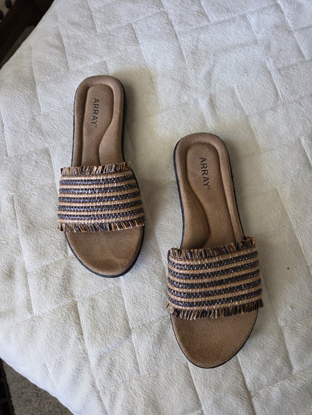 Array Tan and Brown Striped Raffia Slide Sandals